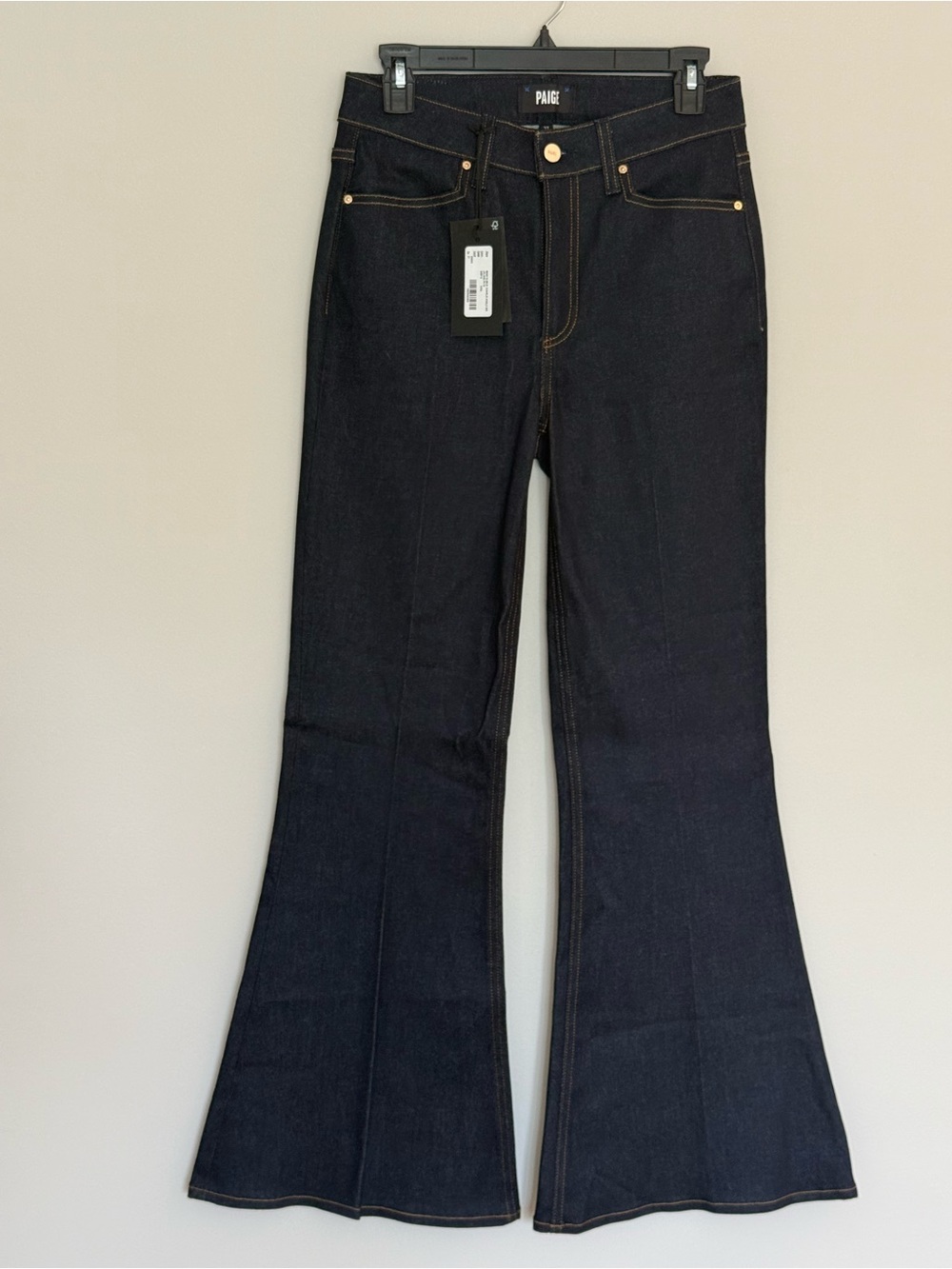 PAIGE Black Flare Jeans with Gold Stitching
